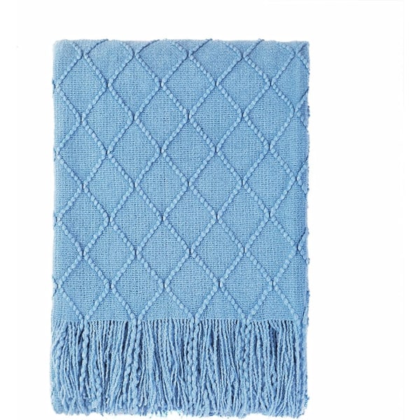 Strukturerad solid mjuk soffa Cover Stickad dekorativ filt, blå, 127 * 180 cm (inklusive tofsar)