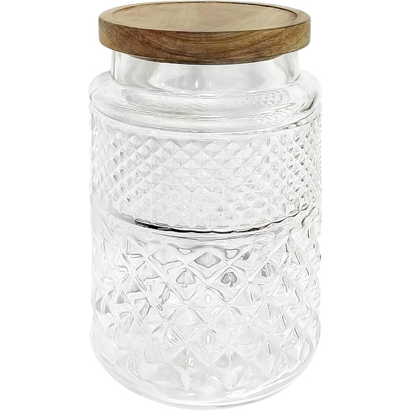 1 vintage lufttæt glasbeholder i diamantform til opbevaring af mad til morgenmad, slik, snacks, kager, kaffe, te, nødder, rund 2000 ml + låg i akacietræ