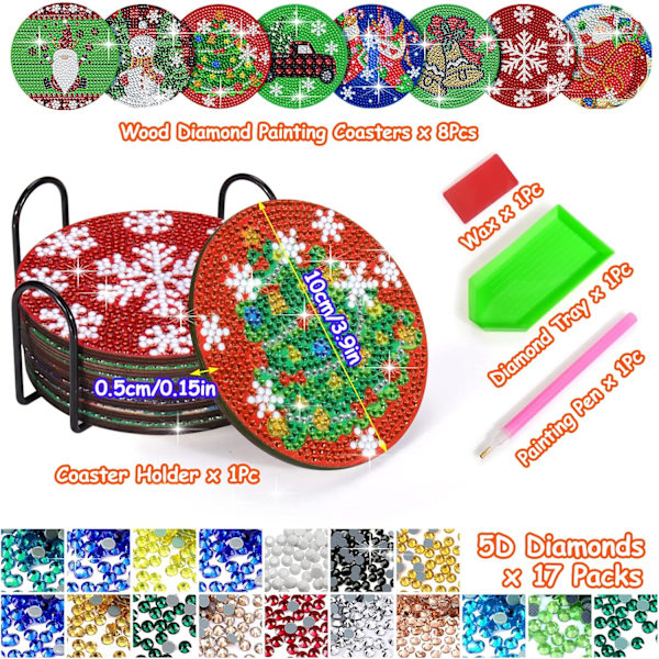 Diamantmålning Underlägg, 8 st Jul Diamantmålning Underlägg med Hållare för Jul Heminredning