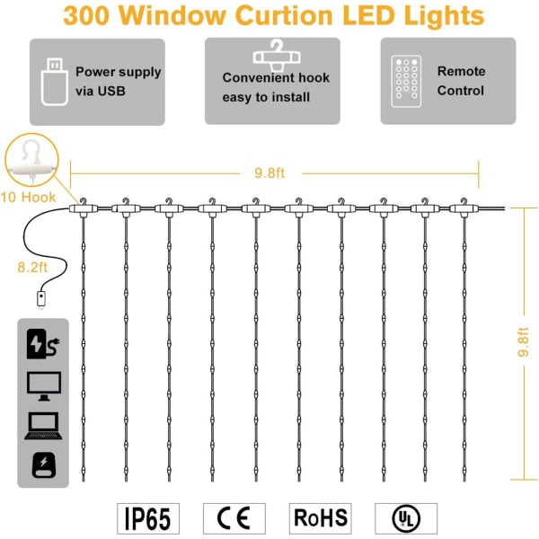 LED-gardinlampor, fönstergardin fe-ljusslingor 3mx3m 300 lysdioder USB-drivna 8 lägen istapp LED-ljusslingor med fjärrkontroll och timer Warm White 9.84ft x 9.84ft