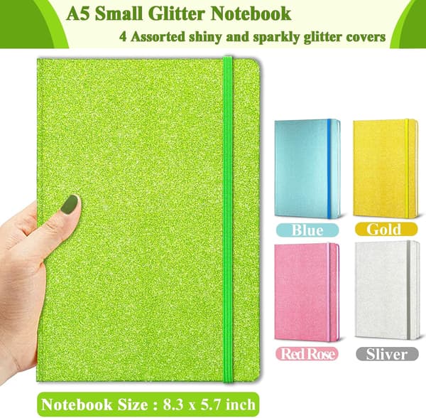 Grøn notesbog A5, Glitter Hardback Notesbog til piger 160 sider foret notesblok Green