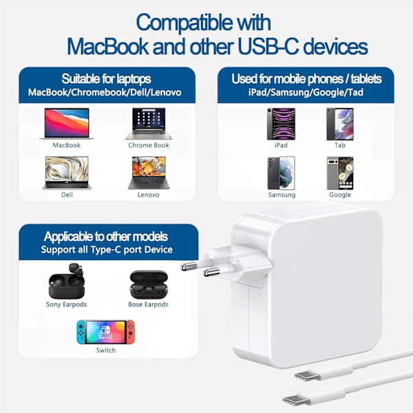96W USB C Snabbladdare, Typ-C Strömadapter för MacBook Pro 16/15/14/13 tum, iPad Pro 12.9/11 tum, med 2M USB C till C Kabel