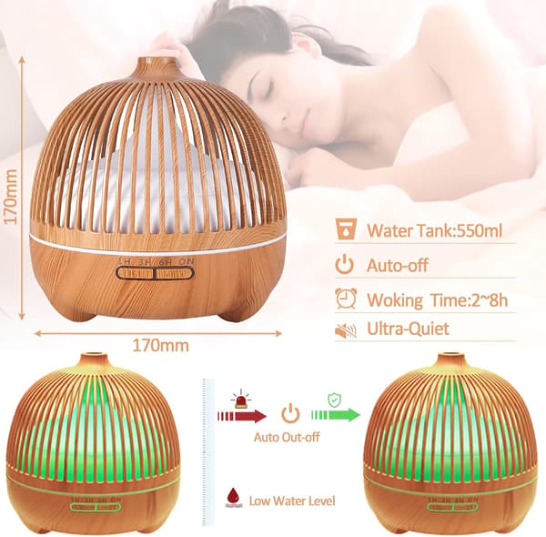 Æterisk oliediffuser, 550 ml ultralyd luftfugter aromaterapi diffuser med 7 farver LED-lys