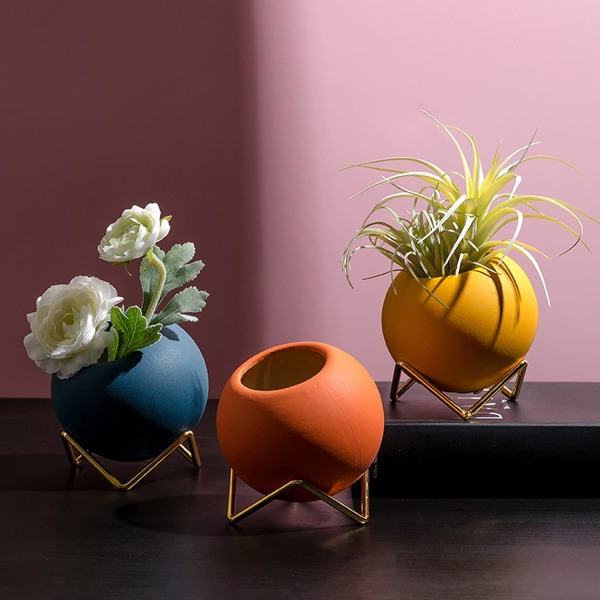 3 st Mini Konstgjorda Växter Krukformad Kulaformad Planter med Luftväxthållare Morandi Kula Vas