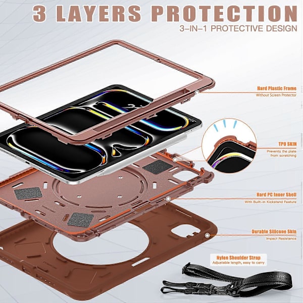 Fodral för iPad Pro 11 (2024) med axelrem, stativ, PC+Silikon+TPU Tablettskydd