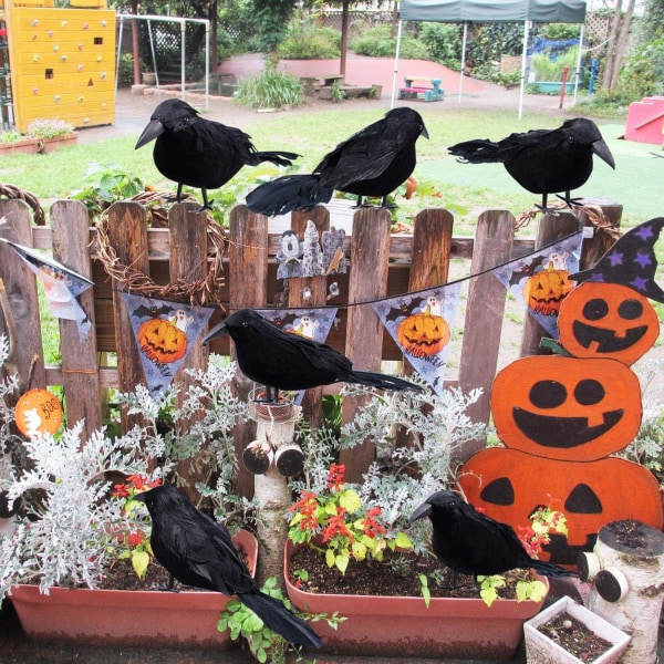 6-pack Halloween svarta fjäderkråkor, halloweendekorationer Realistiska fågel Halloween korpar dekorrekvisita