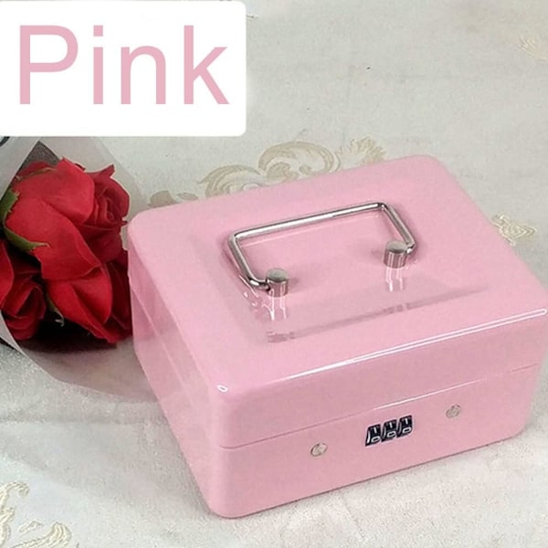 Låsbart stålskab, mini bærbart sikkerhedsskab, mini bærbart stålskab, til bulkpenge, mønter (pink)