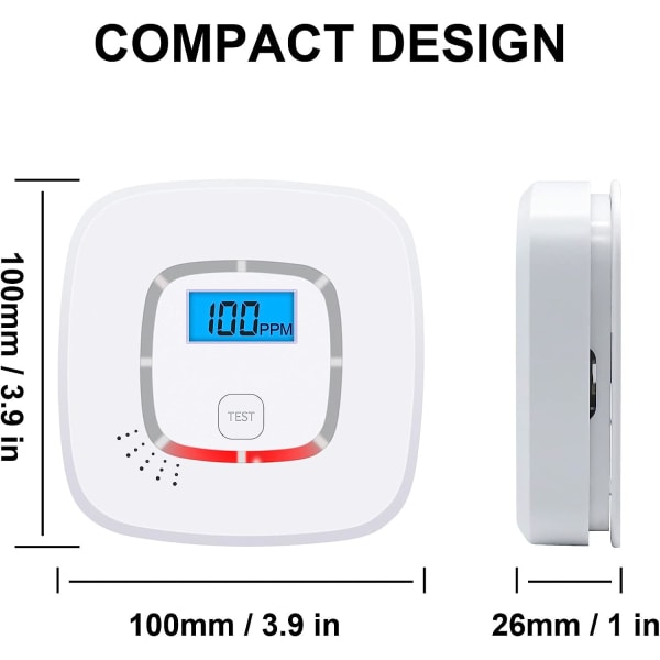 Kolmonoxiddetektor (CO) som arbetar på batterier, certifierad i 52091, kolmonoxiddetektor med digital display