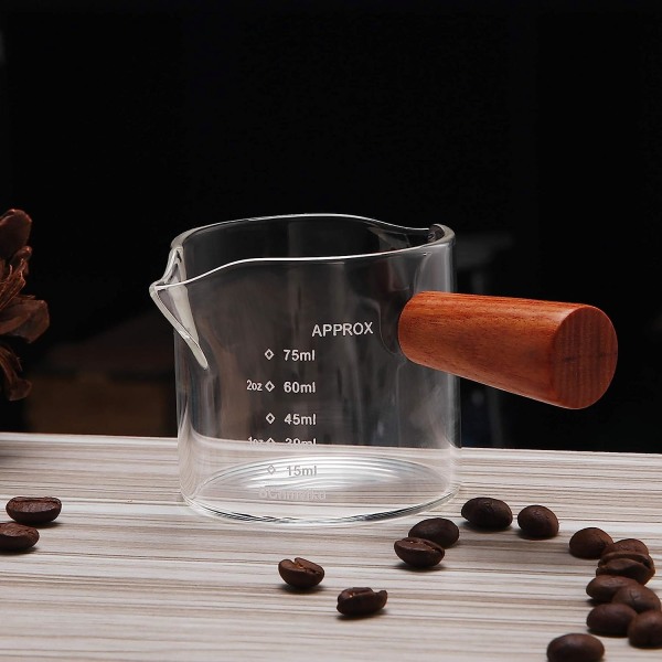 1-pack dubbla piper som mäter trippel kanna mjölkkopp med trähandtag 75 ml espressoshotglas