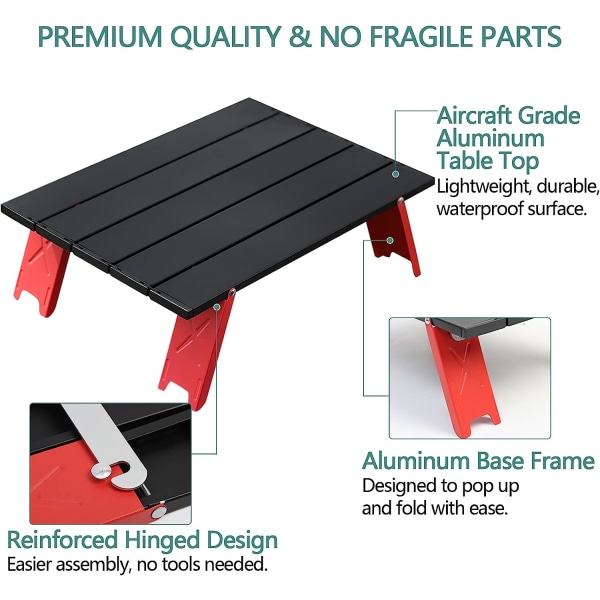 Camping Fällbord, Lätt Bärbar Mini Fällbord i Aluminium med Bärväska, Liten Praktisk Rullbar Sidotablett (Röd)