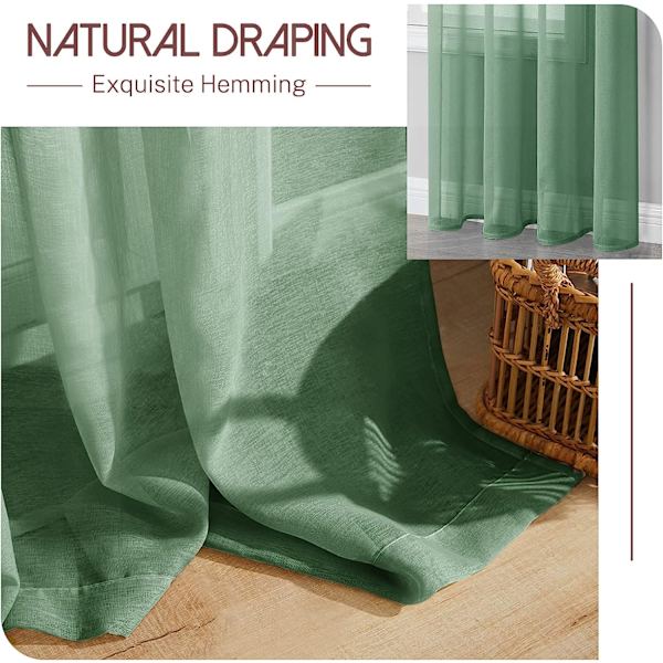 Set med 2 gröna gardiner i voile 140x160cm med halvgenomskinliga öljetter i linneeffekt heminredning