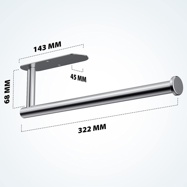 Köksrullehållare under skåp - Premium rostfritt stål - Enkel installation av självhäftande eller borrmonterad - Silver