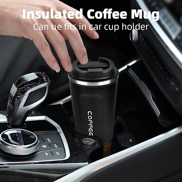 Reseförvaringsmugg för kaffe, 380 ml Isolerad kaffekopp med läckagesäker lock, Återanvändbar dubbelväggig vakuumtermosmugg i rostfritt stål