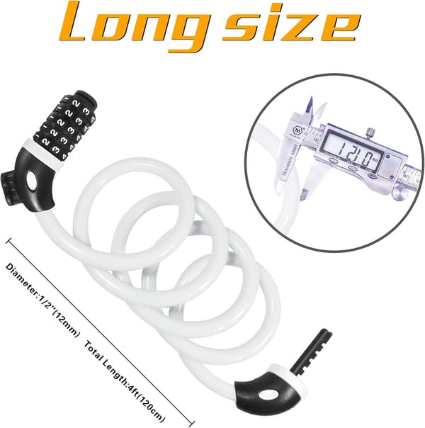 5-siffrigt kombinationscykellås, 12 mm kabel, 120 cm längd | Högsäkerhetscykellås, rostbeständig och slitstark kabel (vit) white