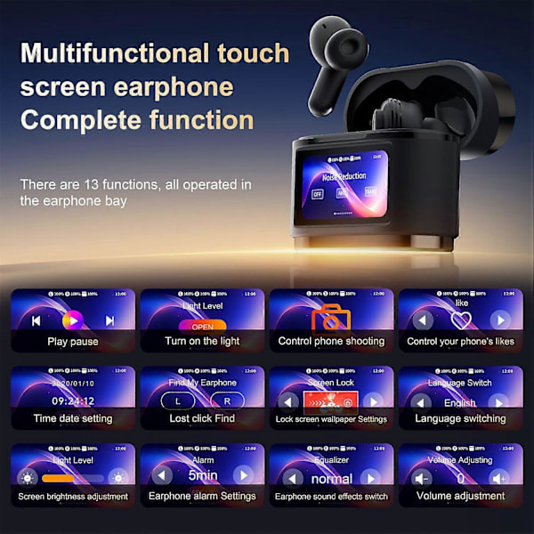 Typ B BD2 Smart Digital Display Touch Screen Trådlösa Bluetooth Hörlurar ANC+ENC Brusreducering