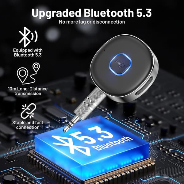 Bluetooth Biladapter, Bluetooth 5.3 Mottaker, 3.5mm Aux Bluetooth-kontakt, Bærbar Trådløs for Bilstereo/Kablede Hodetelefoner
