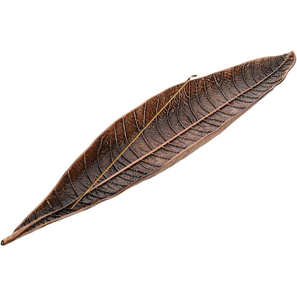Røgelsespindeholder i metalblad, røgelsesbrænder med askefanger, 28 cm lang til boligindretning (rød kobber)