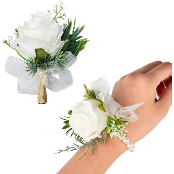 2-pack, vit ros handledsblomster och mans corsage set, corsage och handledsblomster armband ros bröllop blomma tillbehör