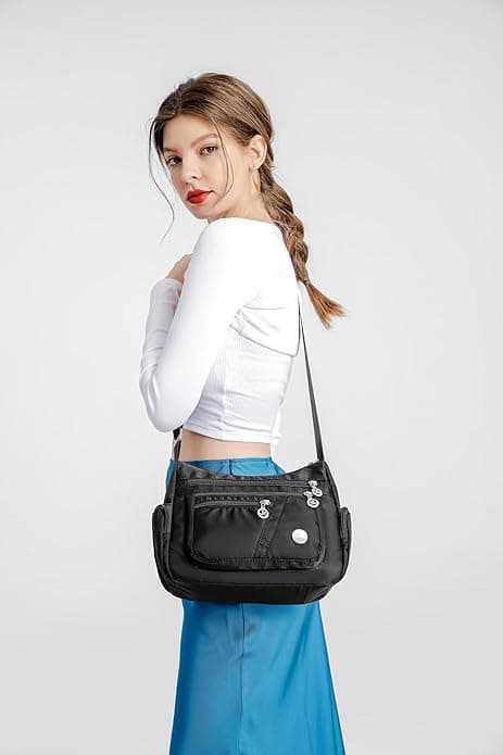 Crossbodyväskor för kvinnor Casual handväskor och axelväskor Nylon Tote Bag Lättviktig Vattentät Messenger Bag, Svart Black