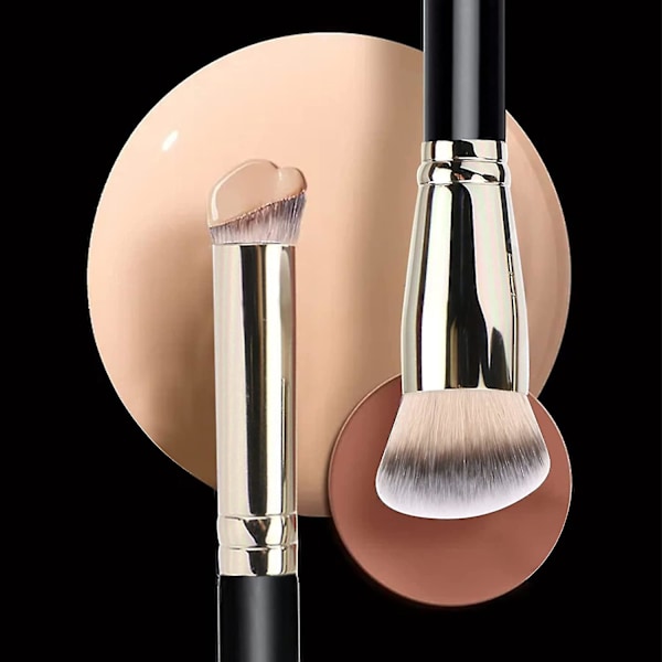 2-pak Foundationsbørste med rund skrå makeupbørste og mini vinklet concealerbørste, flad top næsekonturbørste perfekt