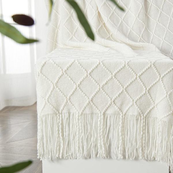 Strikkede tæpper til sofa og seng, blødt og hyggeligt strikket tæppe med kvast, offwhite lette dekorative tæpper og plaider, 130 * 230CM