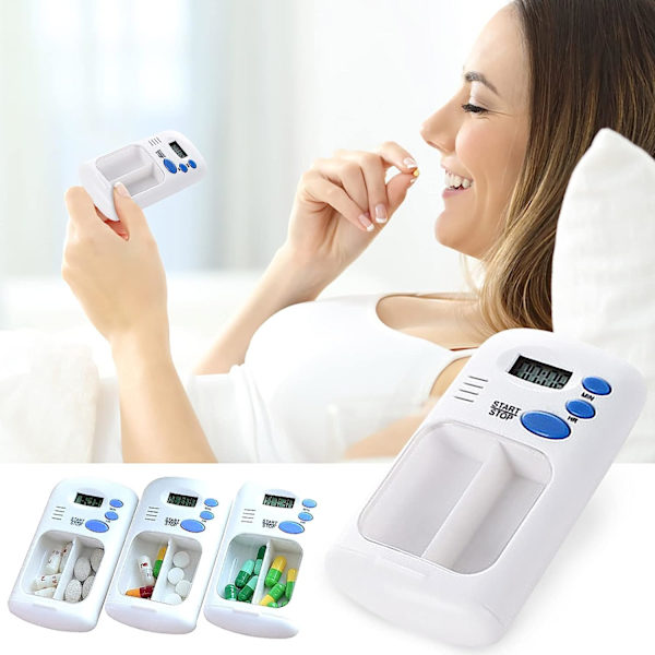 Pillerflaska Timer Cap, Bärbar Elektronisk Digital Pillerlåda Timer med Alarm Smart Pillerfodral Påminnelse med 2 Fack