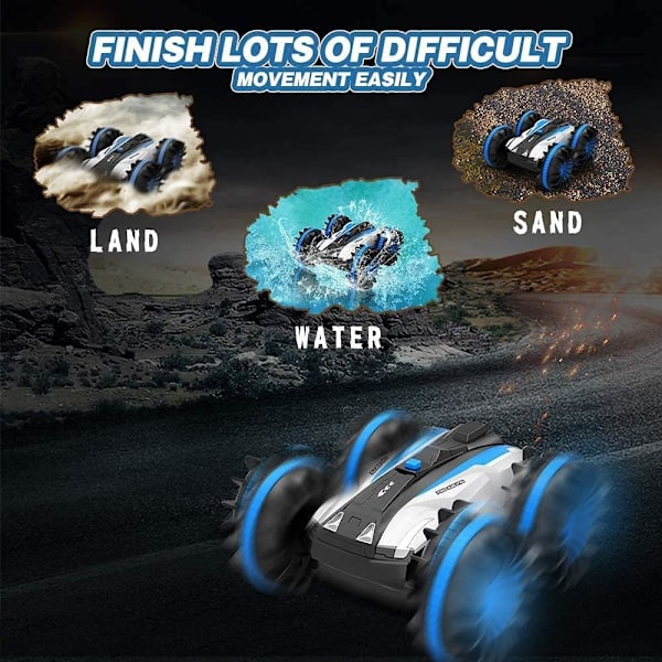 Amfibisk fjernstyret bil til børn, vandtæt 4WD 2.4Ghz stunt RC bilbåd med 360° roterende og vippe RC lastbil, Off Road Rock Crawler, Blå
