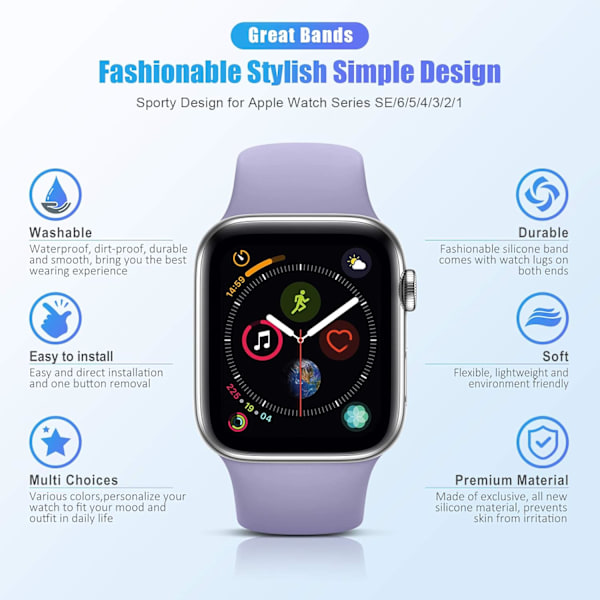 Sportreim kompatibel med Apple Watch iWatch-reimer unisex, myke silikonreimer for håndleddet til Apple Watch 3 6 5 4 2 1 SE Lavender Grey 42mm/44mm S/M