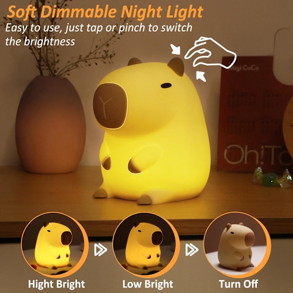 Nattlampa Kapybara - Bedårande LED-lampa i silikon med dimfunktion och timer, present till kvinnor, tonårsflickor, bebisar och barn