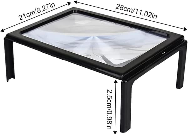 Leselupe, 3x forstørrelse A4 rektangulær, med 4 lyse LED-er, for bøker, synshemmede, eldre, sying, smykker