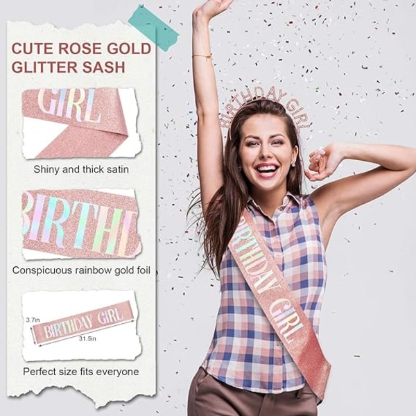 Rose Gold Födelsedagsflicka Sash och Dam Födelsedagshuvudband Set, Princess Rhinestone Födelsedagsflicka Huvudband Dam Födelsedagspresent