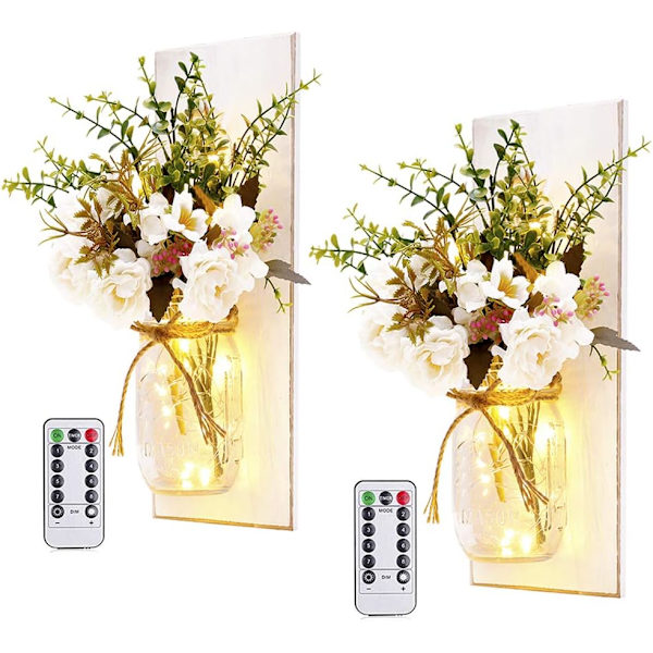 2 stk Rustikke vegglampetter Vegglampetter Håndlaget veggkunst Hengedesign med fjernkontroll LED-eventyrlys og hvit peon Peony+white Board 13”x5.2”x0.6”