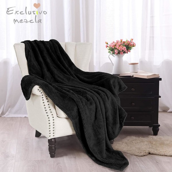 Vaffeltekstureret ekstra stort fleece-tæppe, superblødt og varmt tæppe til sofa og seng (sort, 127*178cm) - hyggeligt, blødt og let