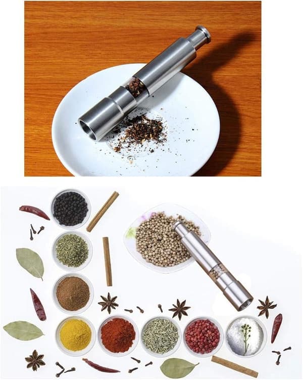 Sæt med 2 salt- og peberkværne i rustfrit stål med trykknap til sort peber, krydderier og salt