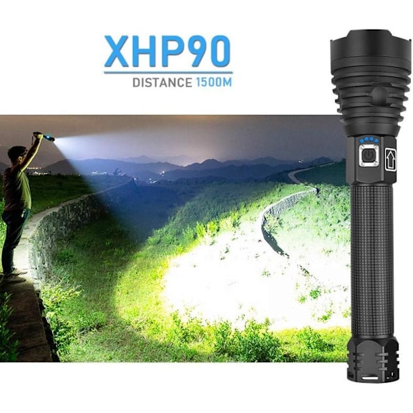 LED-ficklampa, 10000 Lumen XHP90 Ultrastark Justerbar Zoomable Vattentät Ficklampa, Innehåller 2*18650 Laddningsbara Batterier