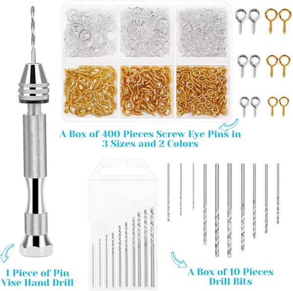 Pin Vise for Resin Casting Molds,Jewelry Making Includes 1Pcs Push Hand Drill 10Pcs Drill Bits 400Pcs Eye Screws