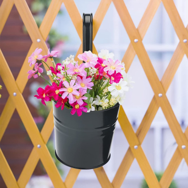 10-pack metallhängande blomkrukor - för staket eller balkong - med avtagbar krok, svart