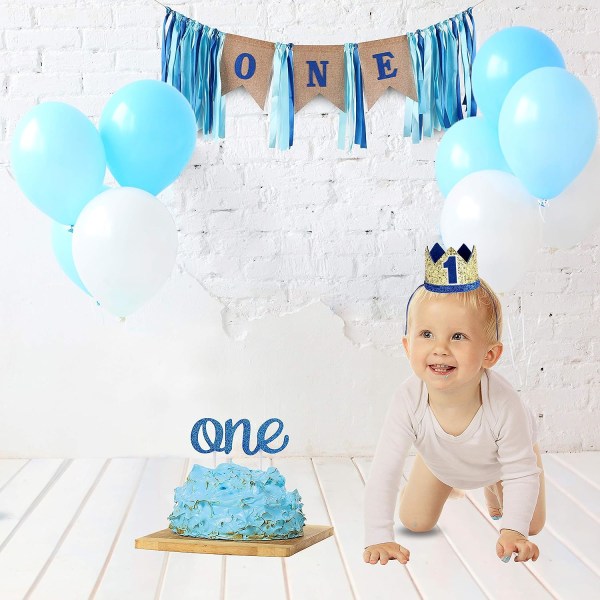 Baby 1st Birthday Boy Decor med krona - HAPPY BIRTHDAY ONE burlap banderoll,