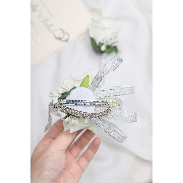 2-pack Bröllops Handleds Corsage och Corsage Set, Vit Bröllopsblomma Tillbehör Boll Set Dekoration