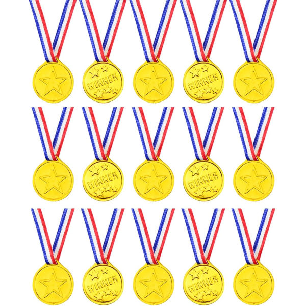 15 PCS Plastic Gold Winners Medals, Kids Children's Party Award Medals with Neck Ribbons for Party Festival Sports Competition Toys Prizes Awards