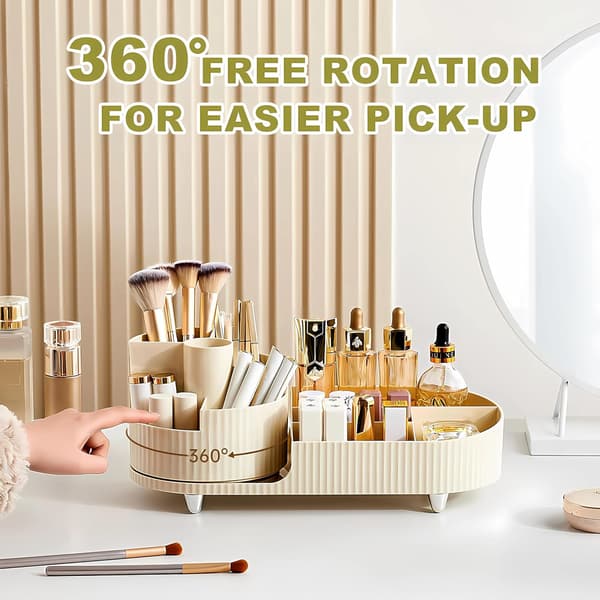 Roterende Makeup Organizer og 2-i-1 Rum, Makeupbørsteholder, 360 Graders Makeup Organizer