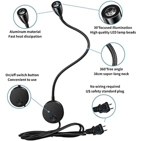 Lukuvalaisin, LED-seinälle kiinnitettävät valaisimet alumiinilla 200LM / 3000K / 3W / 110-240V AC, sädekulma: 30 °, hanhenkaulan pituus: 38cm black