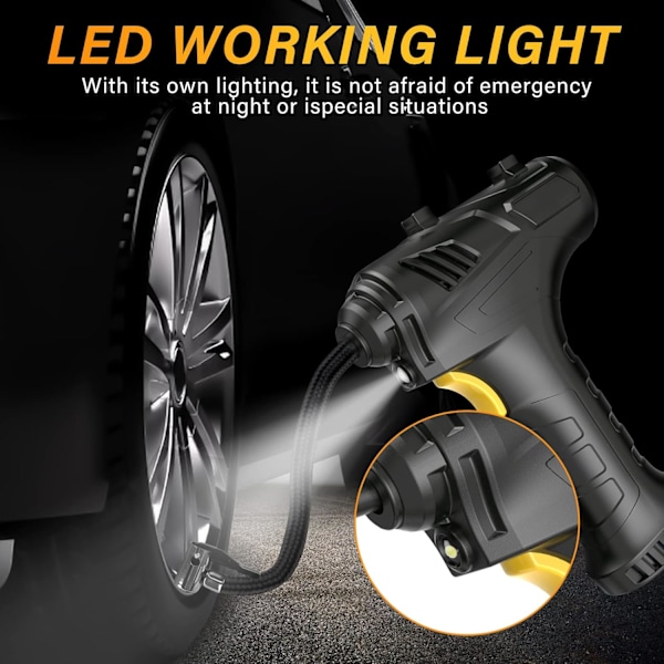 12V USB Genopladeligt Batteri 150PSI Bærbar Bildækpumpe, Elektrisk Digital Dækpumpe med LED-lys og 3 Dyseadaptere