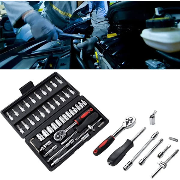 46-delt krom-vanadin stikkontaktsett 1/4\" adaptersett stikkontaktsett for bil DIY