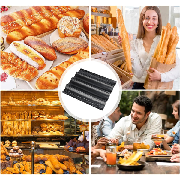 Baguettebakplåt, perforerade franska baguettformar för 4 baguetter black