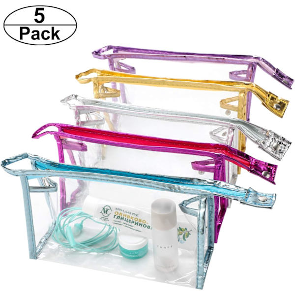 5-pack transparenta vattentäta kosmetiska väskor med dragkedja, bärbara PVC transparenta kosmetiska väskor
