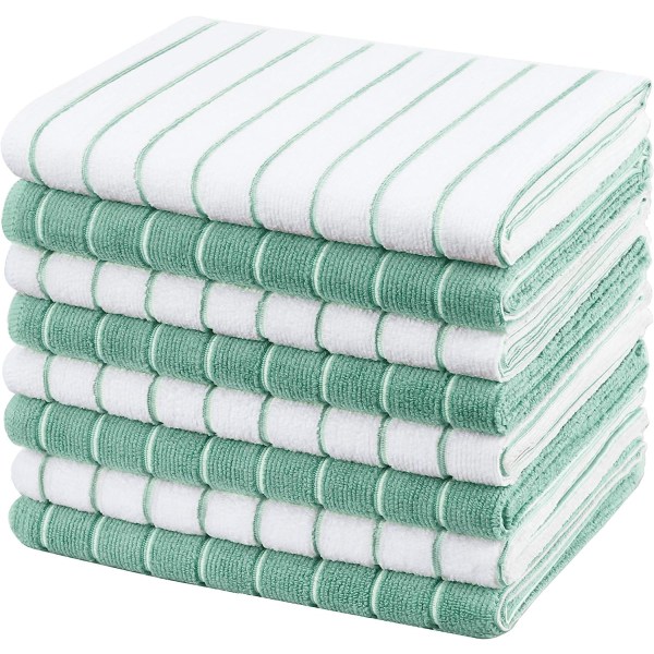 Microfibre Tea Towels - Pack of 8 (Stripe Designed Green and White Colours) - Soft, Super Absorbent, 45 x 65 cm