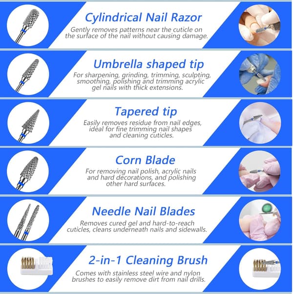 6 stk. neglebor, 3/32 tommer neglebor til manicure, fjernelse af død hud