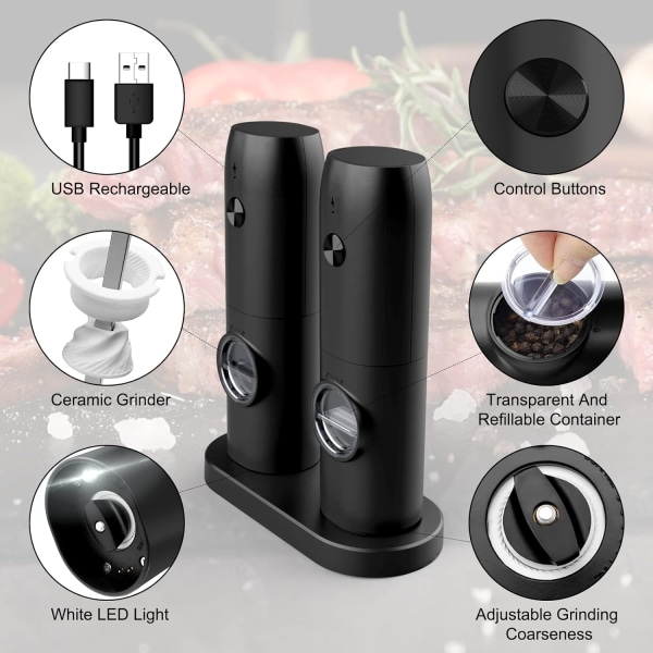 Elektrisk salt- og pepperkvernsett, 2 stk. USB-oppladbart sett justerbar grovhet med base