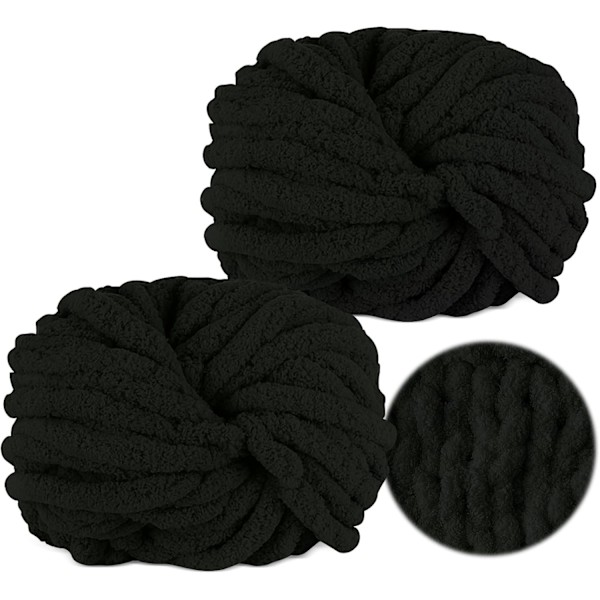 500g (250gx2) Chunky Garnboll ca 54m Chenille Chunky Pälsgarn Mjuk Ull Chunky Garn Mjuk Stickgarn för Virkade Filtar Halsdukar Hattar black